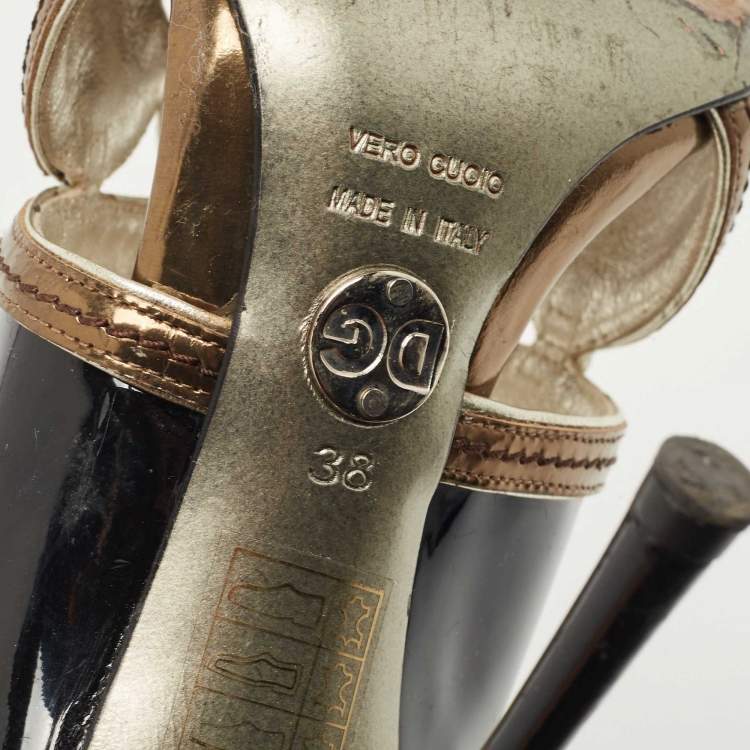 Pre Owned Dolce & Gabbana Black/Metallic Patent and Leather Cut Out Peep Toe Pumps Size 38