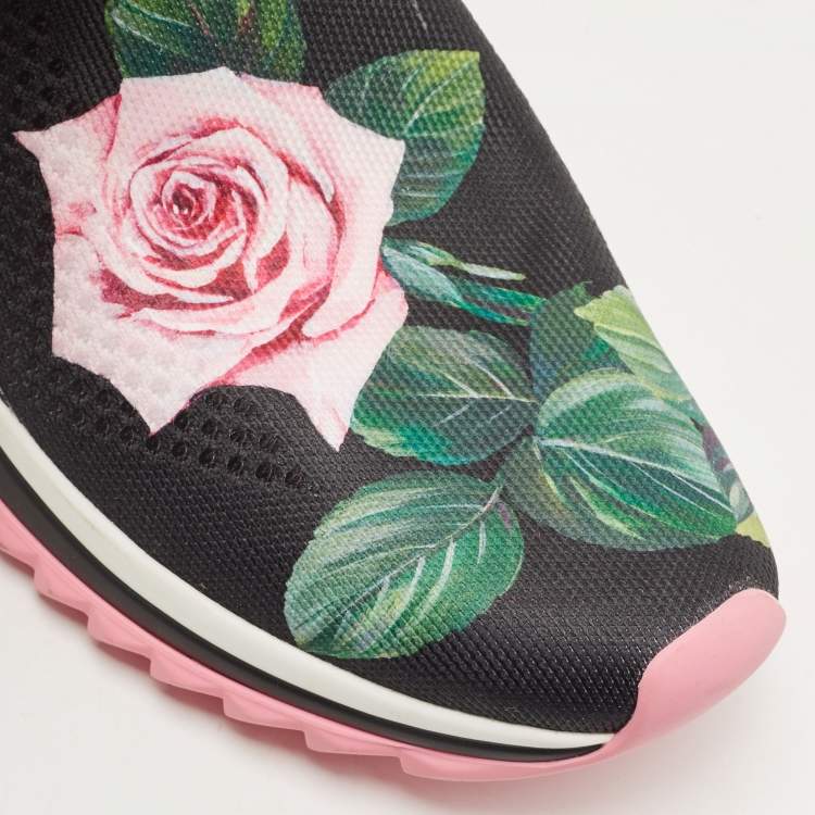 Pre Owned Dolce & Gabbana Black Knit Fabric Tropical Rose Print Sorrento  Slip On Sneakers Size 38.5