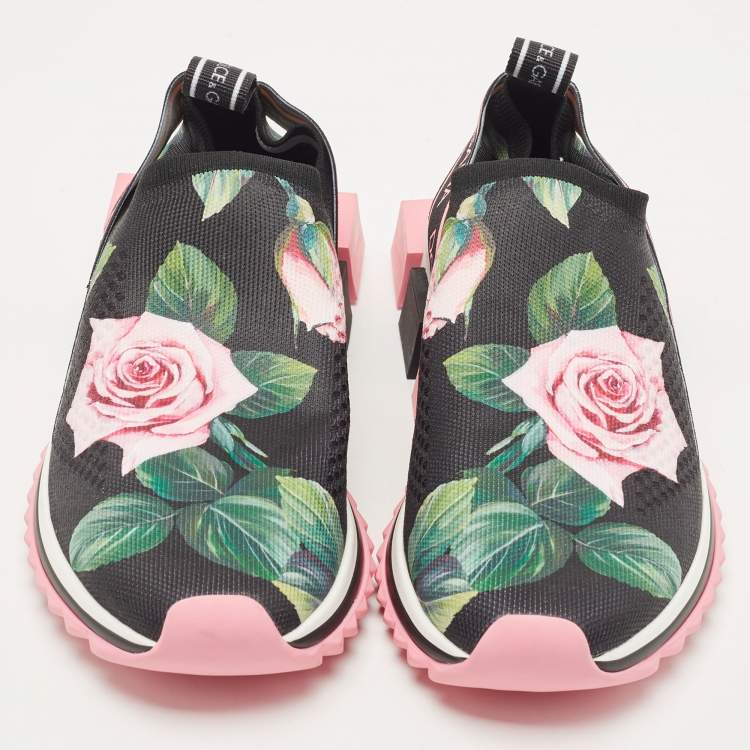Pre Owned Dolce & Gabbana Black Knit Fabric Tropical Rose Print Sorrento  Slip On Sneakers Size 38.5