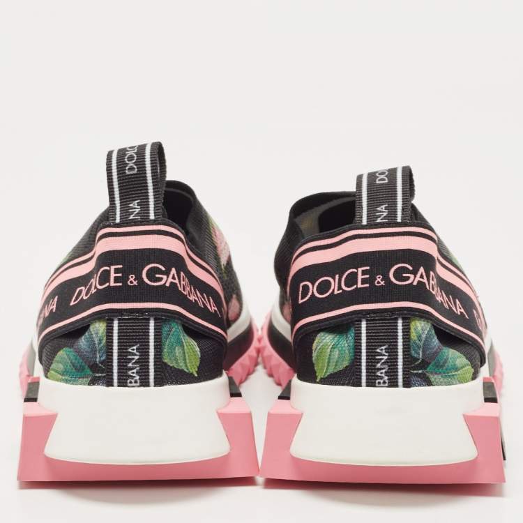 Pre Owned Dolce & Gabbana Black Knit Fabric Tropical Rose Print Sorrento  Slip On Sneakers Size 38.5