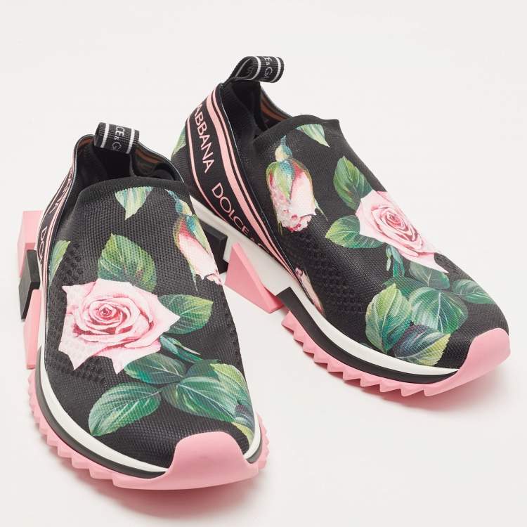 Pre Owned Dolce & Gabbana Black Knit Fabric Tropical Rose Print Sorrento  Slip On Sneakers Size 38.5
