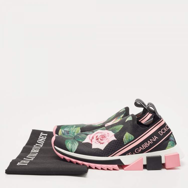 Pre Owned Dolce & Gabbana Black Knit Fabric Tropical Rose Print Sorrento  Slip On Sneakers Size 38.5