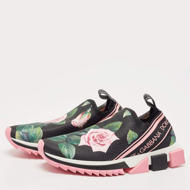Pre Owned Dolce & Gabbana Black Knit Fabric Tropical Rose Print Sorrento  Slip On Sneakers Size 38.5