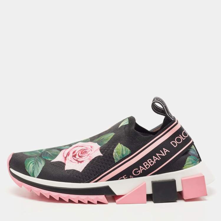 Pre Owned Dolce & Gabbana Black Knit Fabric Tropical Rose Print Sorrento  Slip On Sneakers Size 38.5