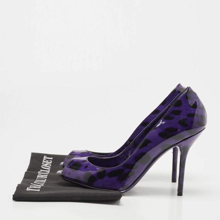 Pre Owned Dolce & Gabbana Purple/Black Animal Print Patent Leather Peep Toe Pumps Size 38.5