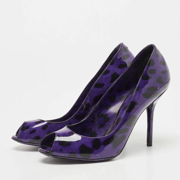Pre Owned Dolce & Gabbana Purple/Black Animal Print Patent Leather Peep Toe Pumps Size 38.5