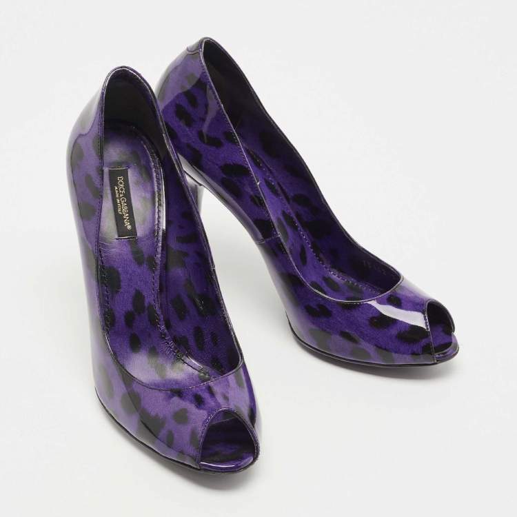 Pre Owned Dolce & Gabbana Purple/Black Animal Print Patent Leather Peep Toe Pumps Size 38.5