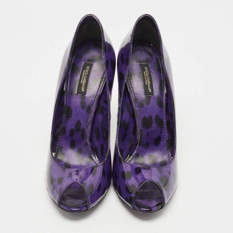 Pre Owned Dolce & Gabbana Purple/Black Animal Print Patent Leather Peep Toe Pumps Size 38.5