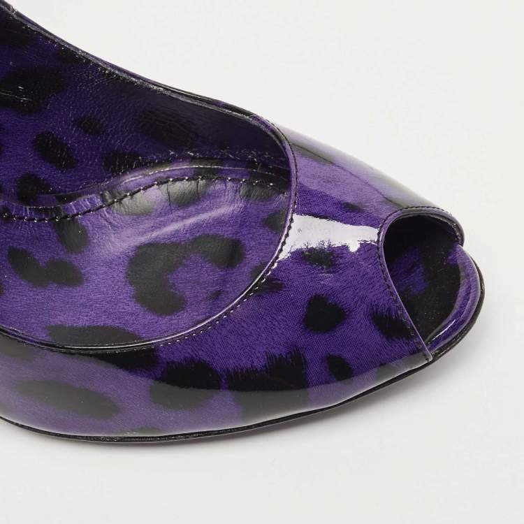 Pre Owned Dolce & Gabbana Purple/Black Animal Print Patent Leather Peep Toe Pumps Size 38.5