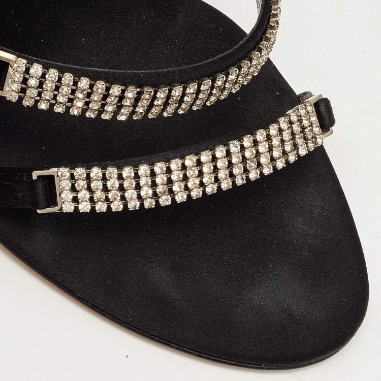 Pre Owned Dolce & Gabbana Black Satin Crystal Embellished Chain Ankle Strap Sandals Size 40