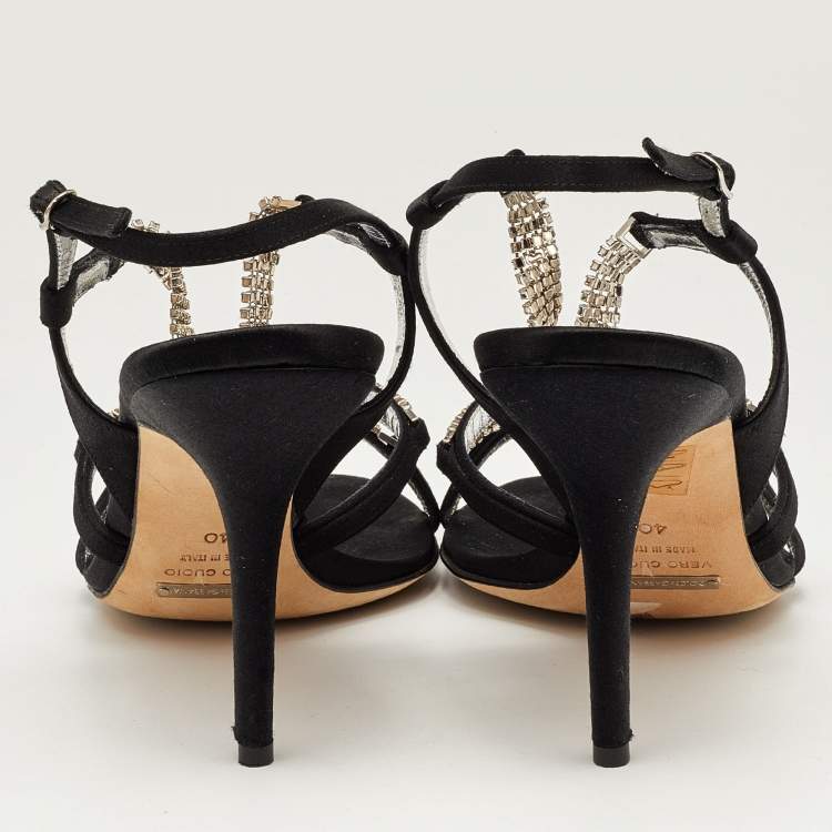 Pre Owned Dolce & Gabbana Black Satin Crystal Embellished Chain Ankle Strap Sandals Size 40
