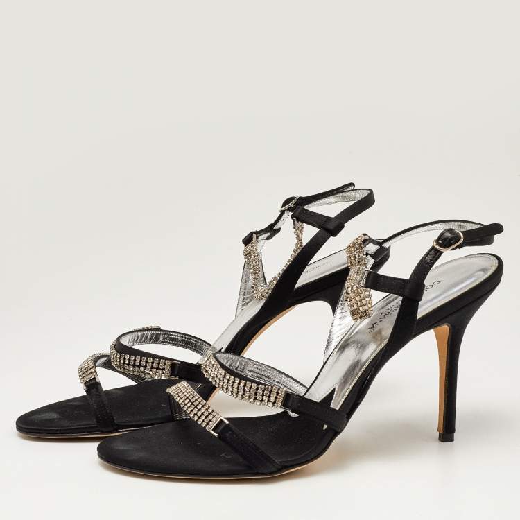 Pre Owned Dolce & Gabbana Black Satin Crystal Embellished Chain Ankle Strap Sandals Size 40