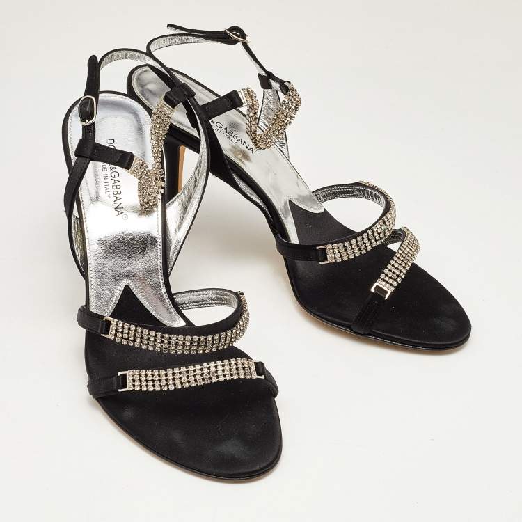 Pre Owned Dolce & Gabbana Black Satin Crystal Embellished Chain Ankle Strap Sandals Size 40