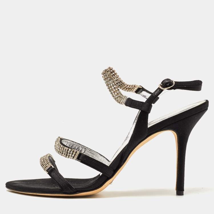 Pre Owned Dolce & Gabbana Black Satin Crystal Embellished Chain Ankle Strap Sandals Size 40