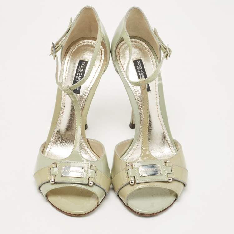 Pre Owned Dolce & Gabbana Grey Patent Leather Logo T Ankle Strap Sandals Size 36