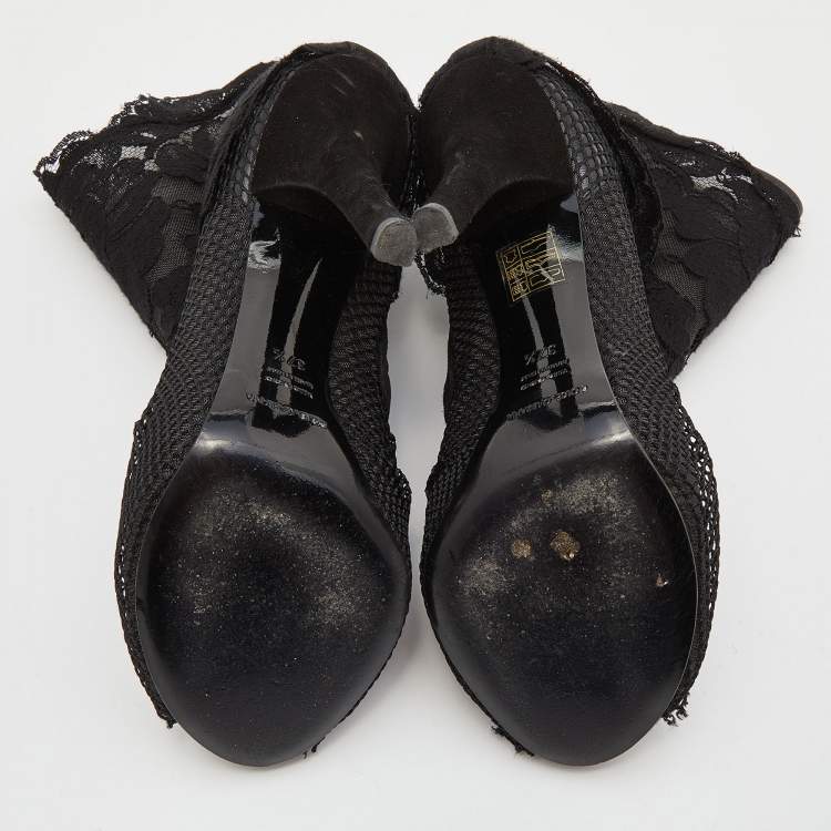 Pre Owned Dolce & Gabbana Black Lace and Mesh Peep Toe Booties Size 37.5
