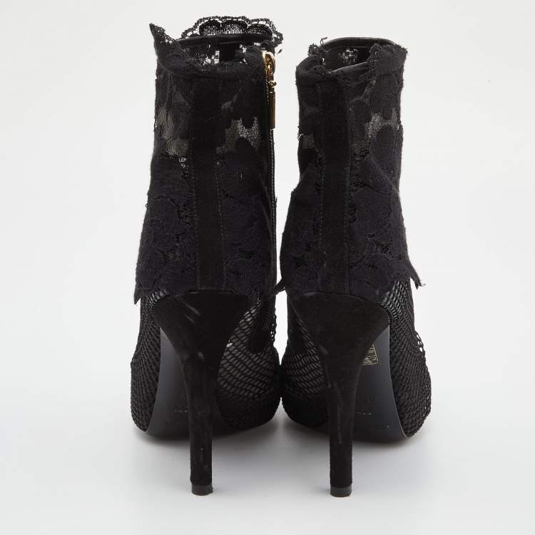 Pre Owned Dolce & Gabbana Black Lace and Mesh Peep Toe Booties Size 37.5