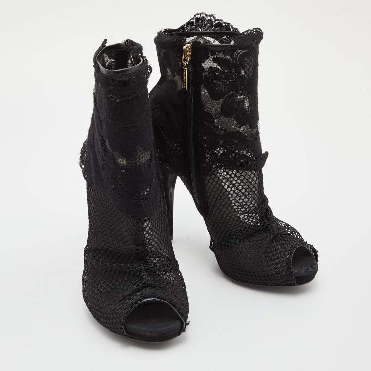 Pre Owned Dolce & Gabbana Black Lace and Mesh Peep Toe Booties Size 37.5