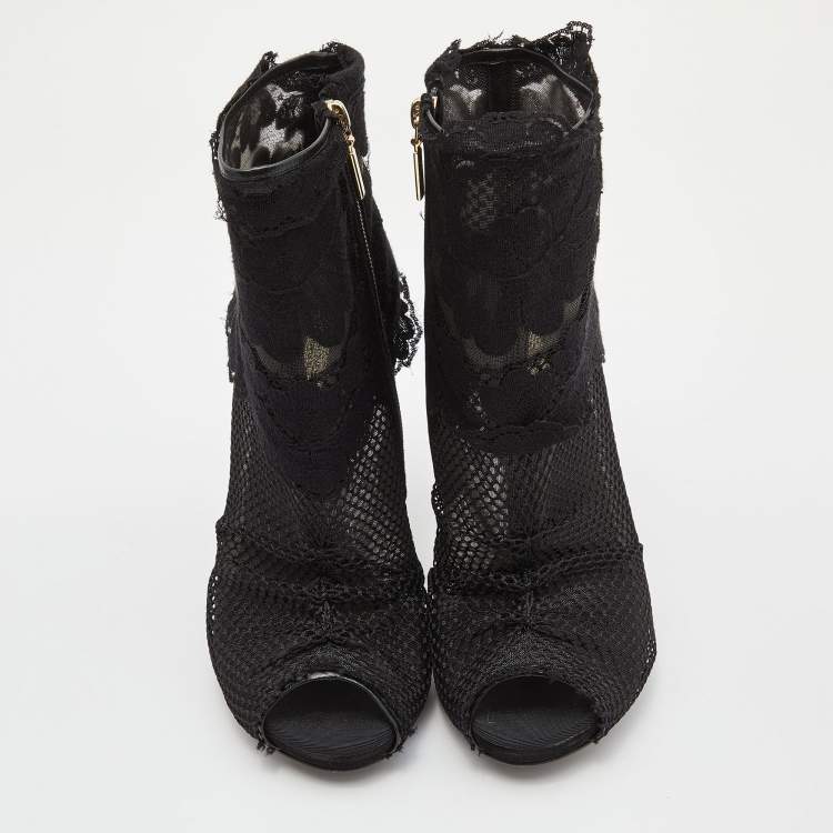 Pre Owned Dolce & Gabbana Black Lace and Mesh Peep Toe Booties Size 37.5