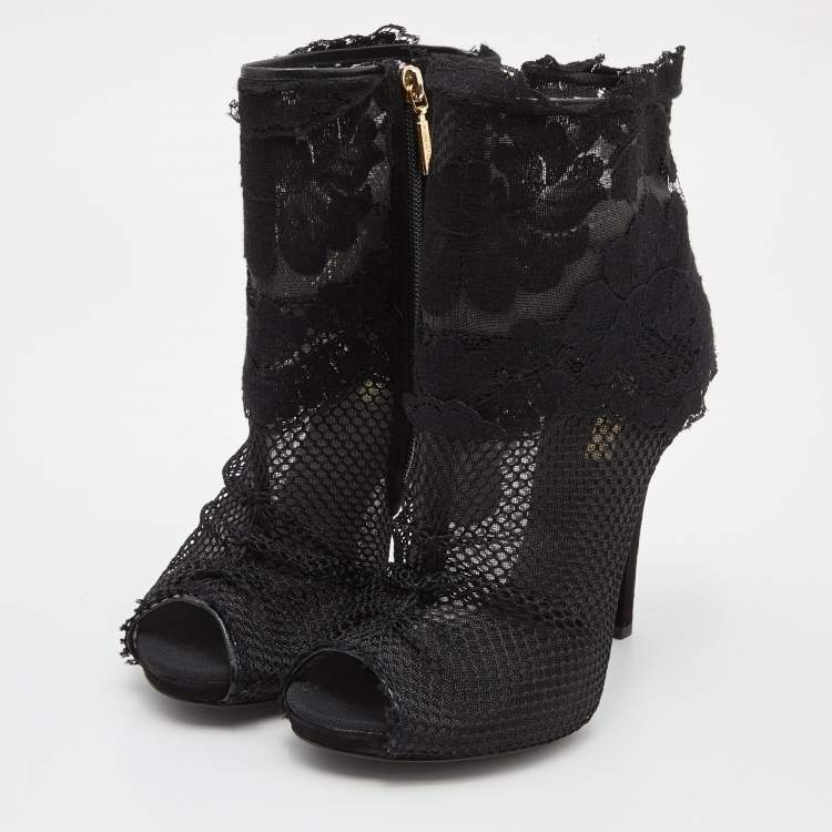 Pre Owned Dolce & Gabbana Black Lace and Mesh Peep Toe Booties Size 37.5