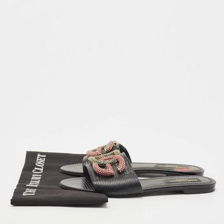 مملوكة مسبقًا Dolce & Gabbana Black Lizard Embossed Leather Crystal Embellished DG Flat Slides Size 40