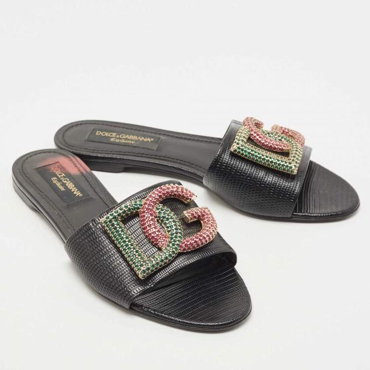 مملوكة مسبقًا Dolce & Gabbana Black Lizard Embossed Leather Crystal Embellished DG Flat Slides Size 40