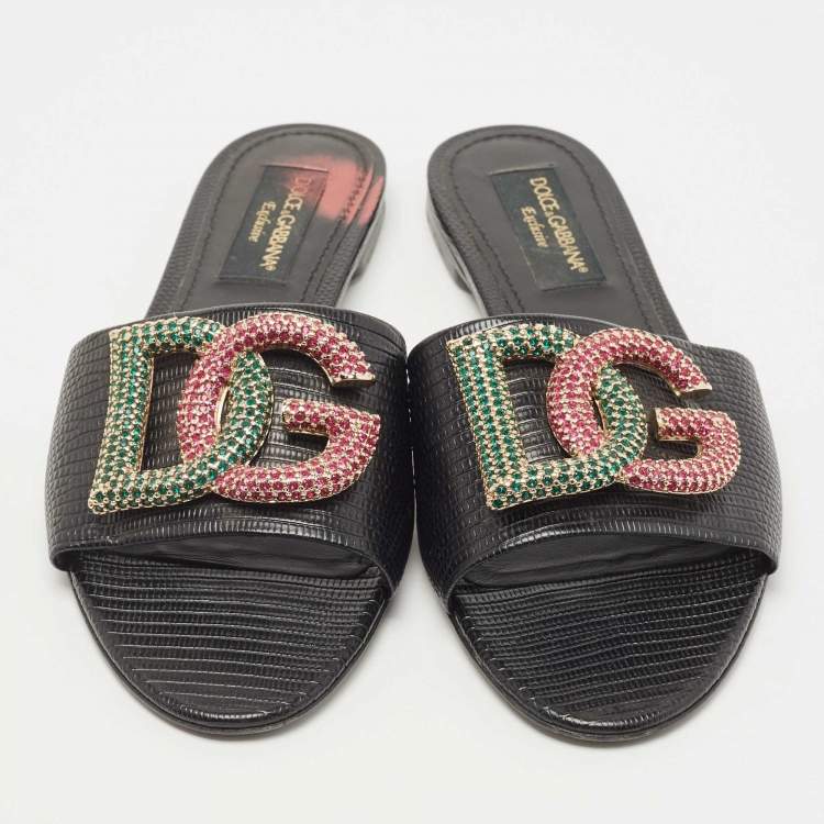 مملوكة مسبقًا Dolce & Gabbana Black Lizard Embossed Leather Crystal Embellished DG Flat Slides Size 40