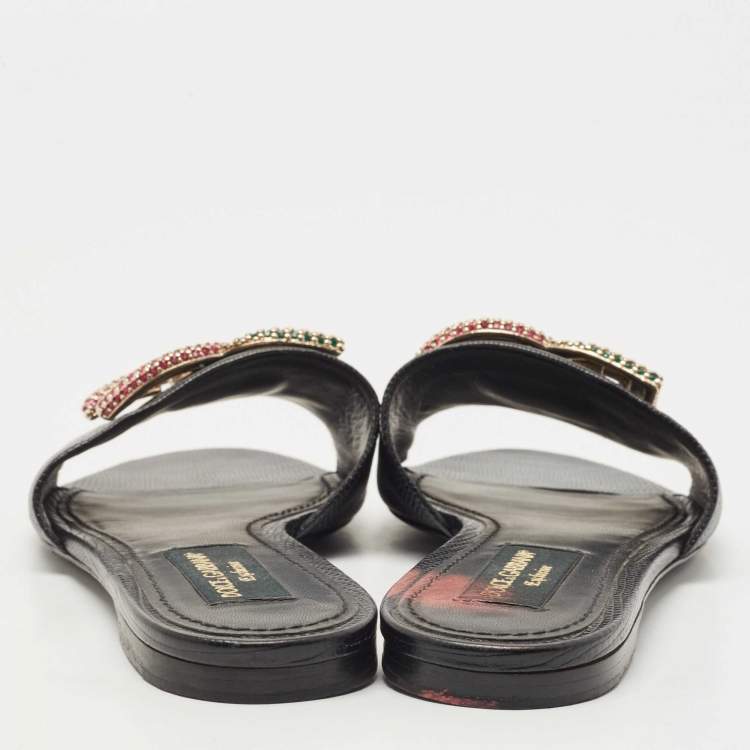 مملوكة مسبقًا Dolce & Gabbana Black Lizard Embossed Leather Crystal Embellished DG Flat Slides Size 40