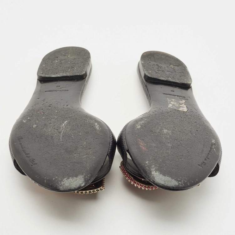 مملوكة مسبقًا Dolce & Gabbana Black Lizard Embossed Leather Crystal Embellished DG Flat Slides Size 40