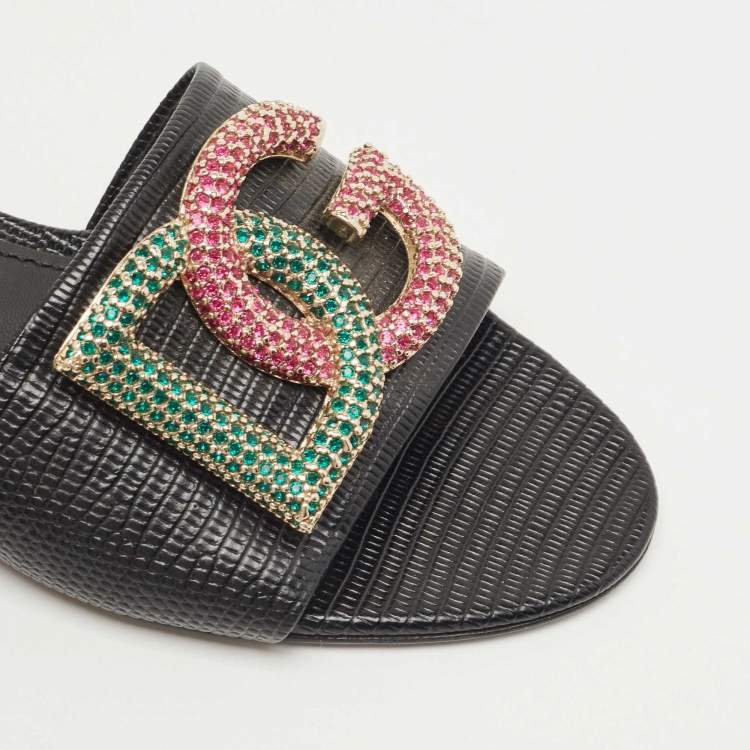مملوكة مسبقًا Dolce & Gabbana Black Lizard Embossed Leather Crystal Embellished DG Flat Slides Size 40
