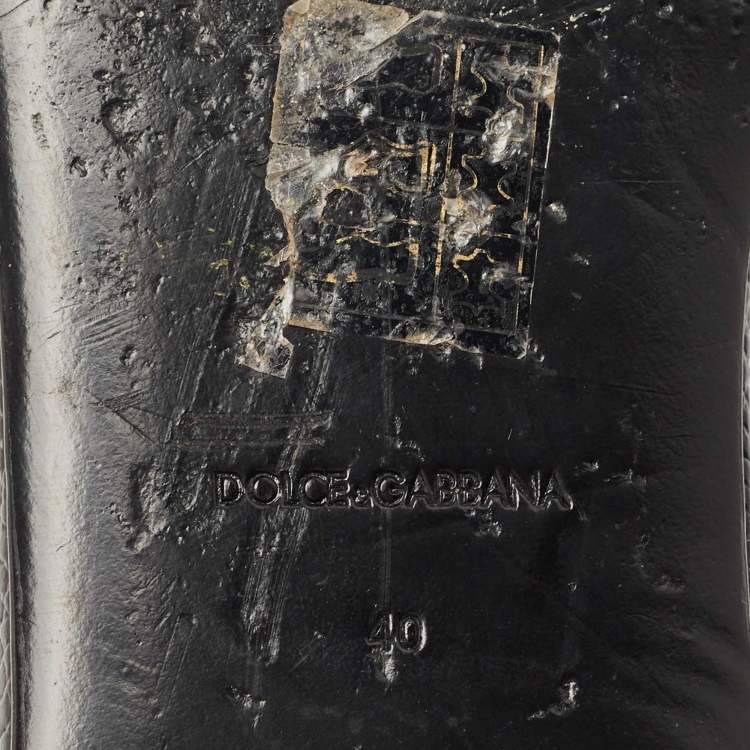 مملوكة مسبقًا Dolce & Gabbana Black Lizard Embossed Leather Crystal Embellished DG Flat Slides Size 40