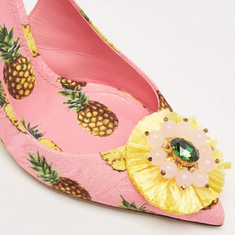 Pre Owned Dolce & Gabbana Pink Pineapple Print Fabric Embellished Slingback Pumps Size 39.5
