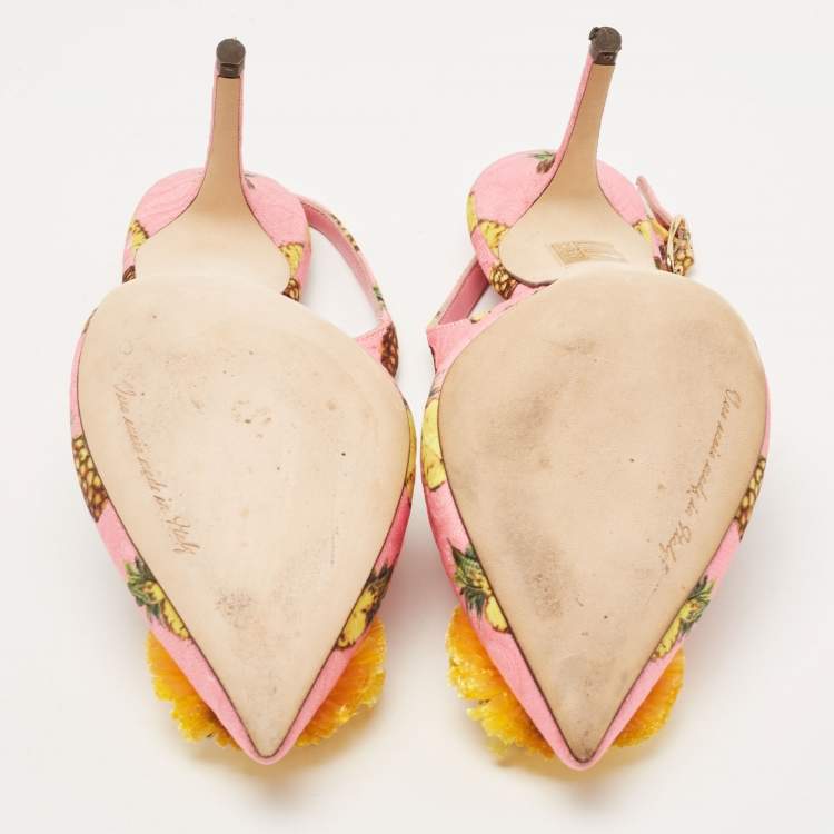 Pre Owned Dolce & Gabbana Pink Pineapple Print Fabric Embellished Slingback Pumps Size 39.5
