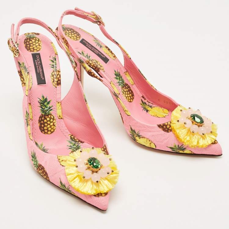Pre Owned Dolce & Gabbana Pink Pineapple Print Fabric Embellished Slingback Pumps Size 39.5