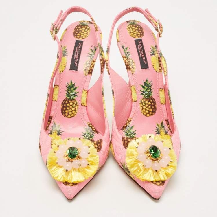 Pre Owned Dolce & Gabbana Pink Pineapple Print Fabric Embellished Slingback Pumps Size 39.5
