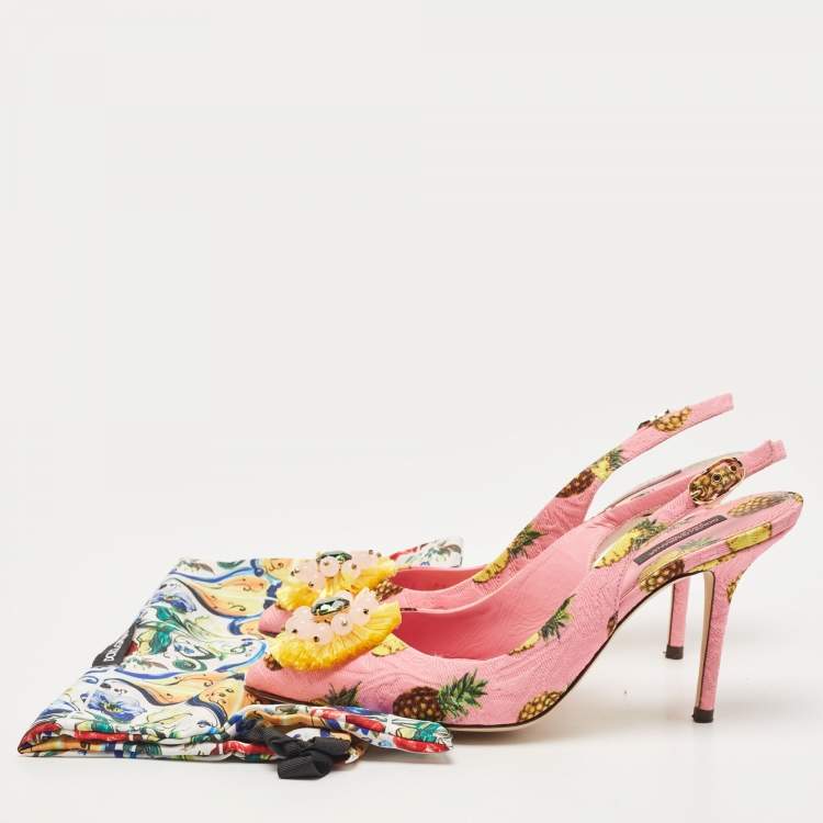 Pre Owned Dolce & Gabbana Pink Pineapple Print Fabric Embellished Slingback Pumps Size 39.5