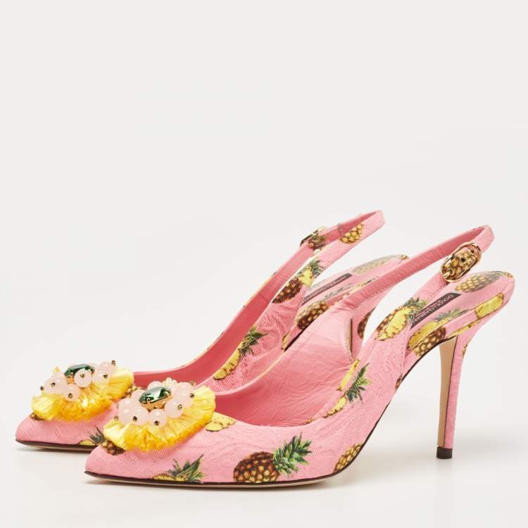 Pre Owned Dolce & Gabbana Pink Pineapple Print Fabric Embellished Slingback Pumps Size 39.5