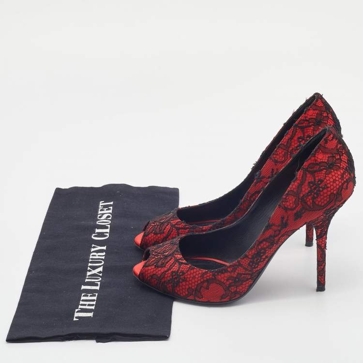 Pre Owned Dolce & Gabbana Red/Black Satin and Lace Peep Toe Pumps Size 40
