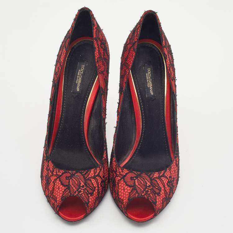 Pre Owned Dolce & Gabbana Red/Black Satin and Lace Peep Toe Pumps Size 40