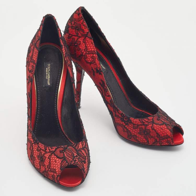Pre Owned Dolce & Gabbana Red/Black Satin and Lace Peep Toe Pumps Size 40
