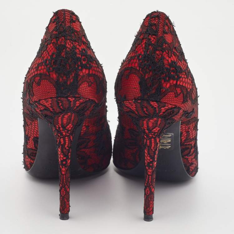 Pre Owned Dolce & Gabbana Red/Black Satin and Lace Peep Toe Pumps Size 40