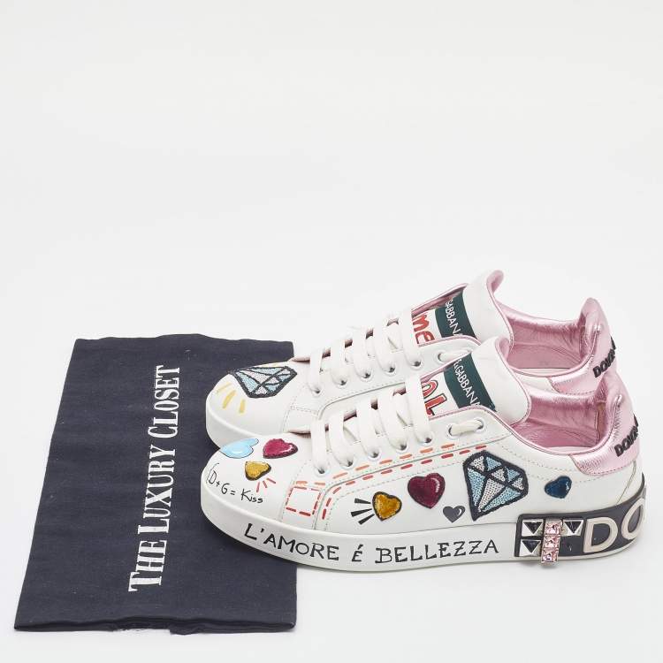 Pre Owned Dolce & Gabbana White Leather Portofino Forever Queen Patch and Embroidery Sneakers Size 38