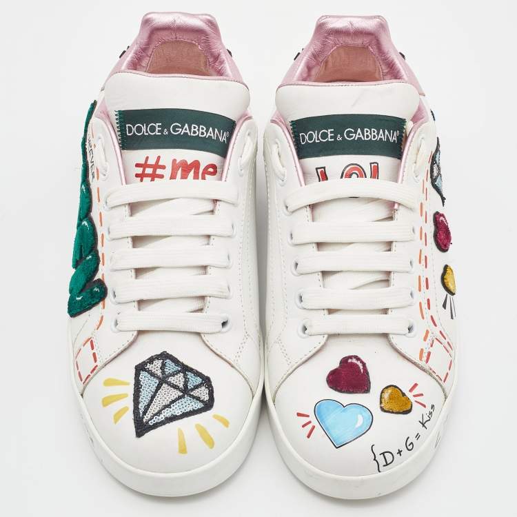 Pre Owned Dolce & Gabbana White Leather Portofino Forever Queen Patch and Embroidery Sneakers Size 38