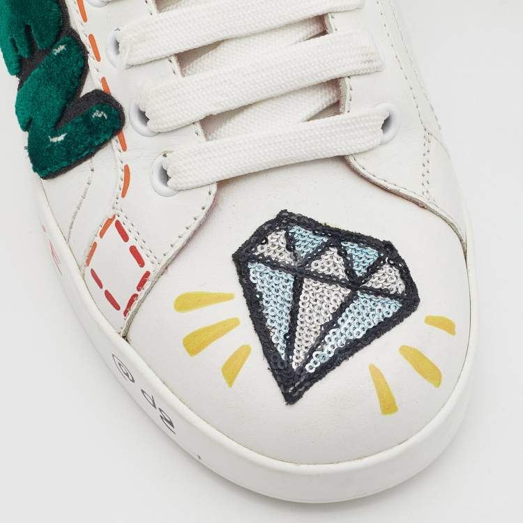 Pre Owned Dolce & Gabbana White Leather Portofino Forever Queen Patch and Embroidery Sneakers Size 38