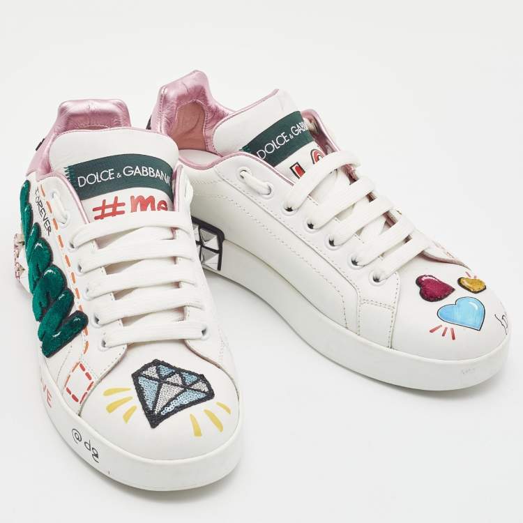 Pre Owned Dolce & Gabbana White Leather Portofino Forever Queen Patch and Embroidery Sneakers Size 38
