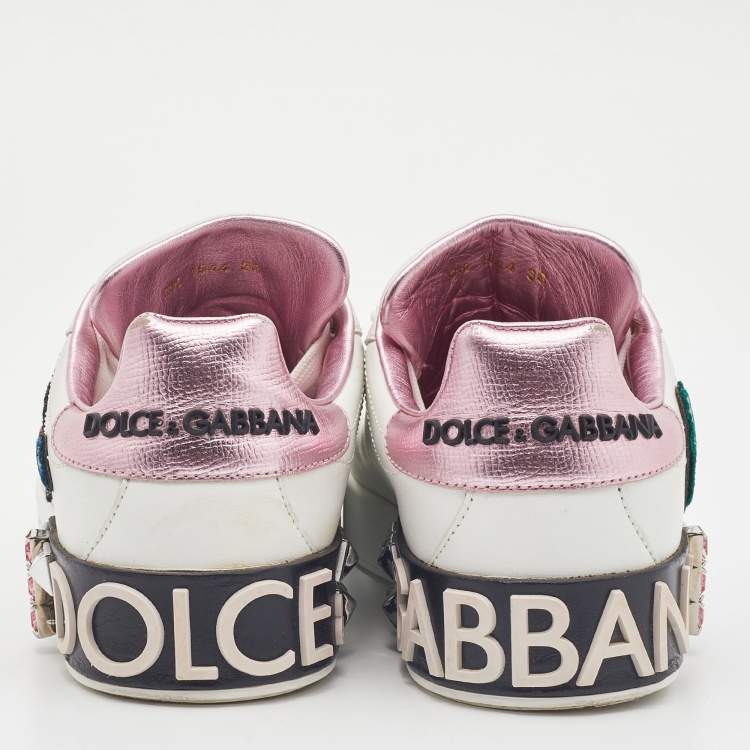 Pre Owned Dolce & Gabbana White Leather Portofino Forever Queen Patch and Embroidery Sneakers Size 38