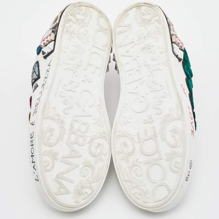 Pre Owned Dolce & Gabbana White Leather Portofino Forever Queen Patch and Embroidery Sneakers Size 38