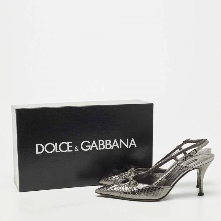 Pre Owned Dolce & Gabbana Metallic Silver Python Bow Slingback Pumps Size 36.5