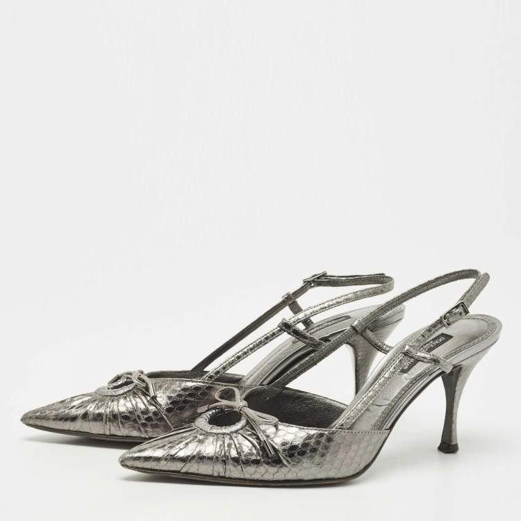 Pre Owned Dolce & Gabbana Metallic Silver Python Bow Slingback Pumps Size 36.5