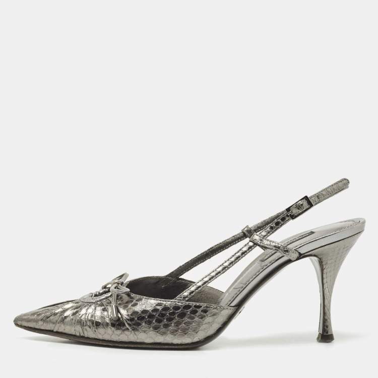 Pre Owned Dolce & Gabbana Metallic Silver Python Bow Slingback Pumps Size 36.5